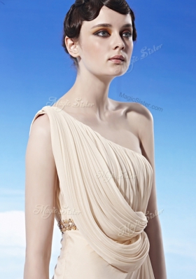 Shining One Shoulder Sleeveless Floor Length Beading and Ruching Side Zipper Dress for Prom with Champagne
