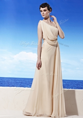 Shining One Shoulder Sleeveless Floor Length Beading and Ruching Side Zipper Dress for Prom with Champagne