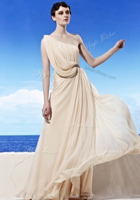 Shining One Shoulder Sleeveless Floor Length Beading and Ruching Side Zipper Dress for Prom with Champagne