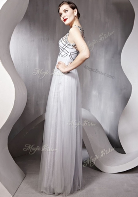 Silver Prom Party Dress Prom and Party and For with Beading Scoop Sleeveless Zipper