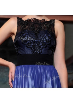 Sleeveless Chiffon Floor Length Side Zipper in Blue And Black for with Beading and Appliques