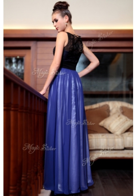 Sleeveless Chiffon Floor Length Side Zipper in Blue And Black for with Beading and Appliques