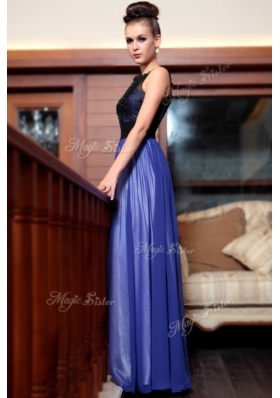 Sleeveless Chiffon Floor Length Side Zipper in Blue And Black for with Beading and Appliques