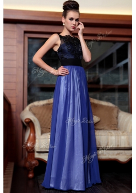 Sleeveless Chiffon Floor Length Side Zipper in Blue And Black for with Beading and Appliques