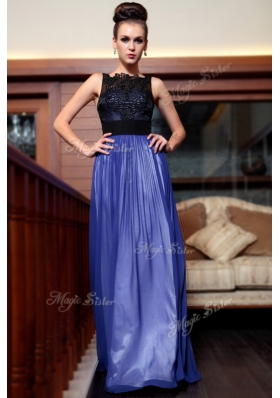 Sleeveless Chiffon Floor Length Side Zipper in Blue And Black for with Beading and Appliques