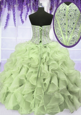 Sleeveless Floor Length Beading and Ruffles Lace Up 15th Birthday Dress with Yellow Green