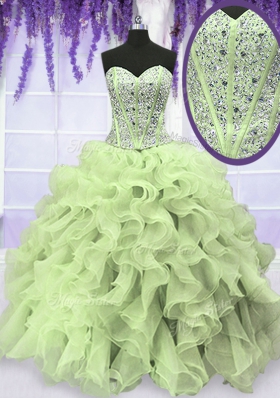 Sleeveless Floor Length Beading and Ruffles Lace Up 15th Birthday Dress with Yellow Green