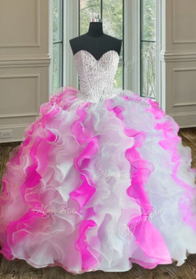 Superior Pink And White Lace Up Sweetheart Beading and Ruffles 15 Quinceanera Dress Organza Sleeveless