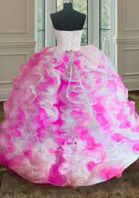 Superior Pink And White Lace Up Sweetheart Beading and Ruffles 15 Quinceanera Dress Organza Sleeveless
