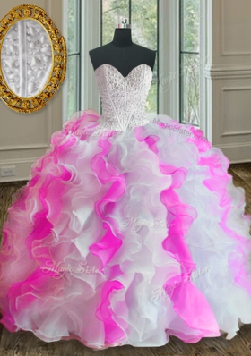 Superior Pink And White Lace Up Sweetheart Beading and Ruffles 15 Quinceanera Dress Organza Sleeveless