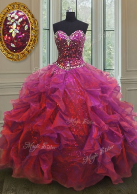 Sweetheart Sleeveless Organza and Sequined Sweet 16 Dress Beading and Ruffles Lace Up