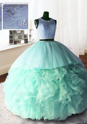 Three Piece Lace Apple Green Scoop Neckline Beading and Ruffles Vestidos de Quinceanera Sleeveless Zipper