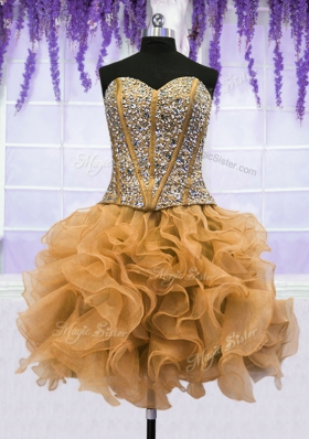 Traditional Four Piece Gold Ball Gowns Beading and Ruffles 15th Birthday Dress Lace Up Organza Sleeveless Floor Length