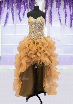 Traditional Four Piece Gold Ball Gowns Beading and Ruffles 15th Birthday Dress Lace Up Organza Sleeveless Floor Length