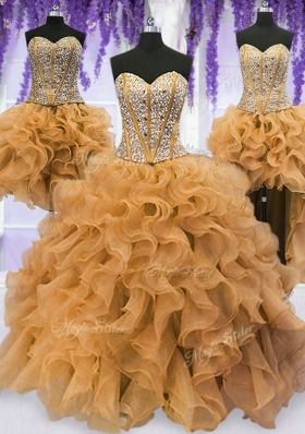 Traditional Four Piece Gold Ball Gowns Beading and Ruffles 15th Birthday Dress Lace Up Organza Sleeveless Floor Length