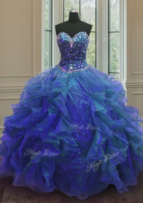 Vintage Blue Lace Up Sweetheart Beading and Ruffles Quince Ball Gowns Organza and Sequined Sleeveless