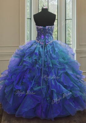 Vintage Blue Lace Up Sweetheart Beading and Ruffles Quince Ball Gowns Organza and Sequined Sleeveless