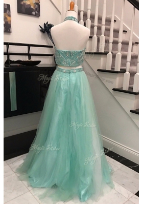 Apple Green Dress for Prom Prom and Party and For with Beading Halter Top Sleeveless Sweep Train Backless