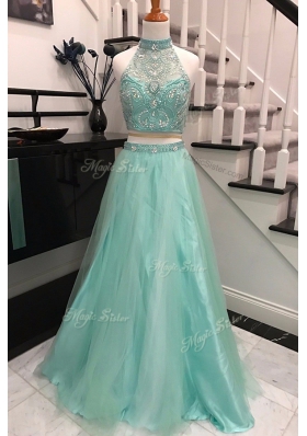 Apple Green Dress for Prom Prom and Party and For with Beading Halter Top Sleeveless Sweep Train Backless