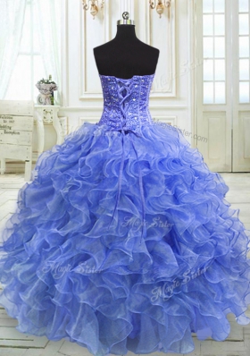 Attractive Blue Lace Up Quinceanera Gowns Beading and Ruffles Sleeveless Floor Length