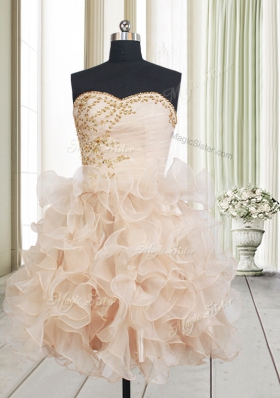 Champagne Sleeveless Mini Length Beading and Ruffles Lace Up Pageant Dress