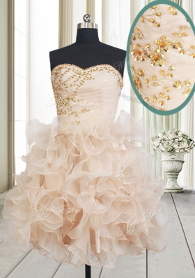 Champagne Sleeveless Mini Length Beading and Ruffles Lace Up Pageant Dress