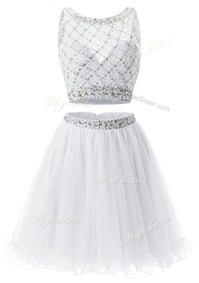 Cheap White A-line Sweetheart Sleeveless Organza Mini Length Side Zipper Beading and Belt Prom Gown