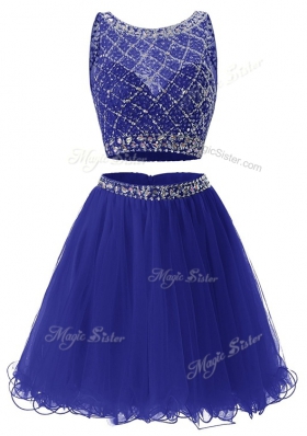 Comfortable Organza Scoop Sleeveless Side Zipper Beading and Belt Evening Dress in Royal Blue