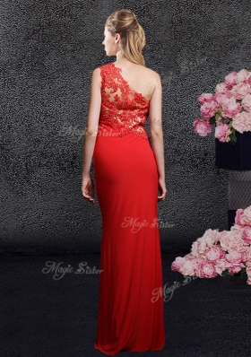 Custom Design One Shoulder Sleeveless Homecoming Dress Floor Length Lace and Appliques Red Chiffon