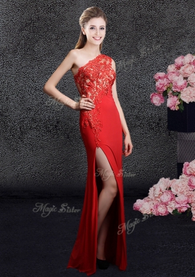 Custom Design One Shoulder Sleeveless Homecoming Dress Floor Length Lace and Appliques Red Chiffon