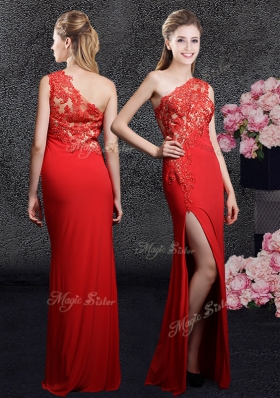 Custom Design One Shoulder Sleeveless Homecoming Dress Floor Length Lace and Appliques Red Chiffon