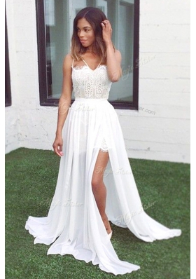 Customized Sleeveless Lace Zipper Evening Dress with White Sweep Train