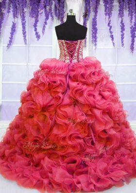 Customized Sleeveless Organza Lace Up Quince Ball Gowns in Coral Red for with Beading and Ruffles