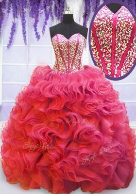 Customized Sleeveless Organza Lace Up Quince Ball Gowns in Coral Red for with Beading and Ruffles