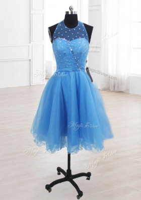 Dramatic Baby Blue A-line Organza High-neck Sleeveless Sequins Knee Length Lace Up Homecoming Dress Online