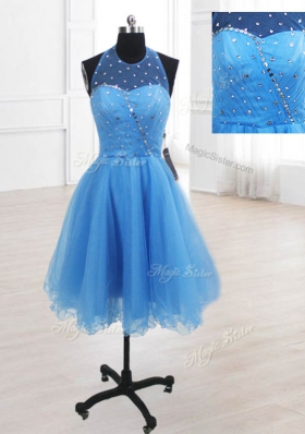 Dramatic Baby Blue A-line Organza High-neck Sleeveless Sequins Knee Length Lace Up Homecoming Dress Online