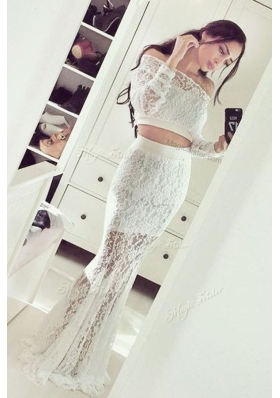 Elegant Mermaid Off the Shoulder Long Sleeves Floor Length Lace Zipper Prom Gown with White