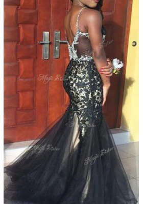Excellent Mermaid Black Tulle Zipper Dress for Prom Sleeveless Floor Length Beading and Lace
