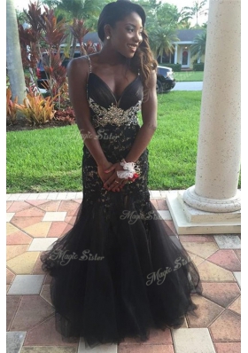 Excellent Mermaid Black Tulle Zipper Dress for Prom Sleeveless Floor Length Beading and Lace
