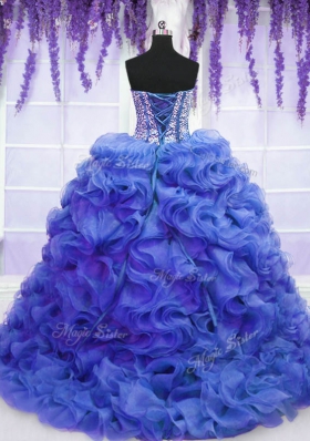 Eye-catching Royal Blue Sweetheart Lace Up Beading and Ruffles Quinceanera Gown Sweep Train Sleeveless