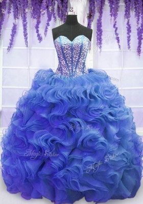 Eye-catching Royal Blue Sweetheart Lace Up Beading and Ruffles Quinceanera Gown Sweep Train Sleeveless