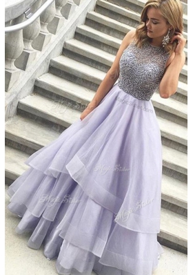 Flare Lavender A-line Scoop Sleeveless Organza Floor Length Zipper Beading Prom Dress