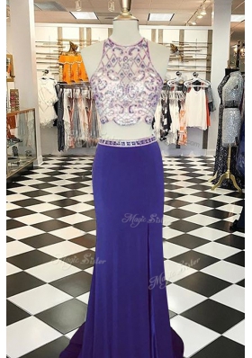 Flirting Scoop Beading Homecoming Dress Blue Backless Sleeveless With Train Sweep Train