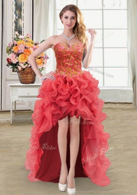 Four Piece Coral Red Ball Gowns Organza Sweetheart Sleeveless Beading and Ruffles Floor Length Lace Up Vestidos de Quinceanera