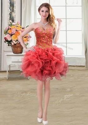 Four Piece Coral Red Ball Gowns Organza Sweetheart Sleeveless Beading and Ruffles Floor Length Lace Up Vestidos de Quinceanera