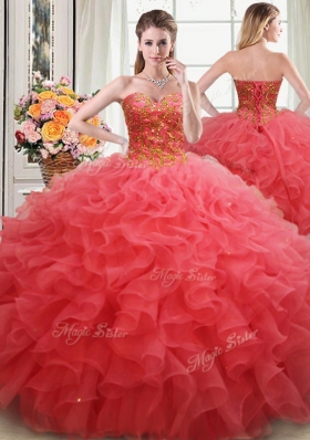 Four Piece Coral Red Ball Gowns Organza Sweetheart Sleeveless Beading and Ruffles Floor Length Lace Up Vestidos de Quinceanera