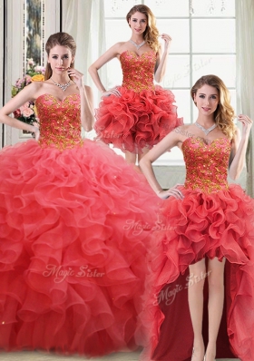 Four Piece Coral Red Ball Gowns Organza Sweetheart Sleeveless Beading and Ruffles Floor Length Lace Up Vestidos de Quinceanera