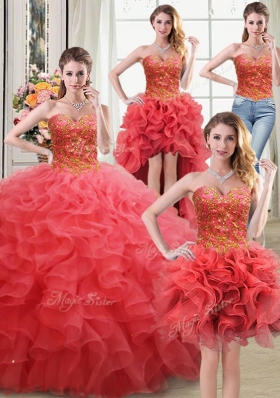 Four Piece Coral Red Ball Gowns Organza Sweetheart Sleeveless Beading and Ruffles Floor Length Lace Up Vestidos de Quinceanera