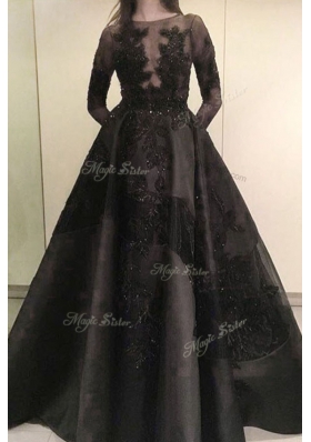 Gorgeous Floor Length Black Evening Dress Satin Long Sleeves Beading and Appliques