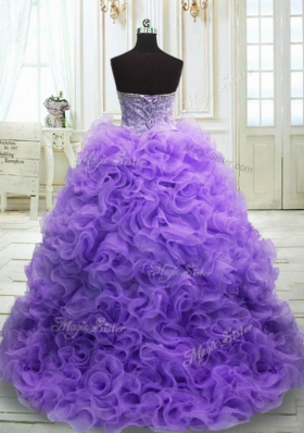 Gorgeous Sleeveless Organza Sweep Train Lace Up Quinceanera Gown in Purple for with Beading and Ruffles